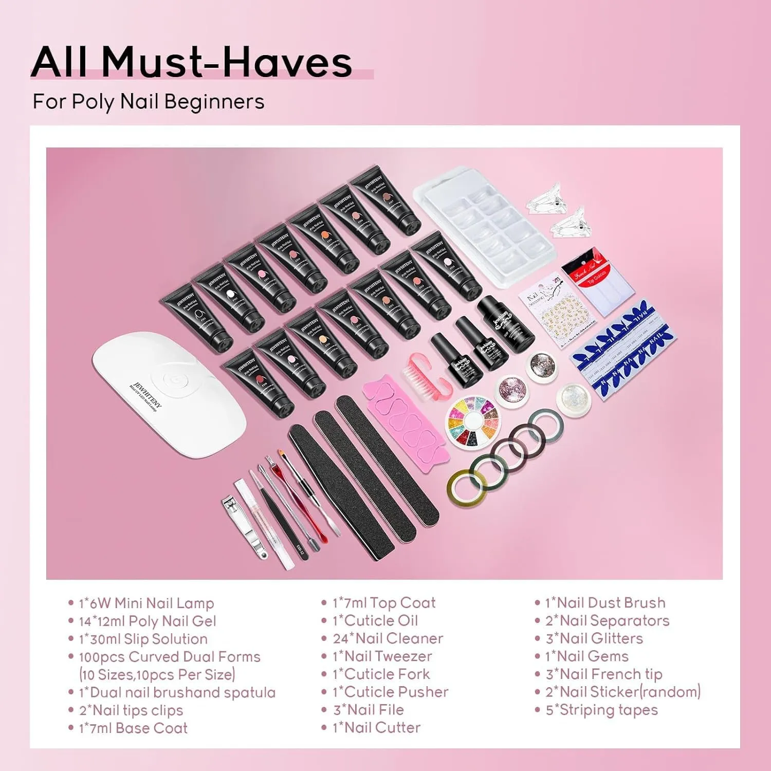 14-Piece Poly Gel Nail Art Kit with Mini UV Lamp and Essential Nail Tools for Beginners
