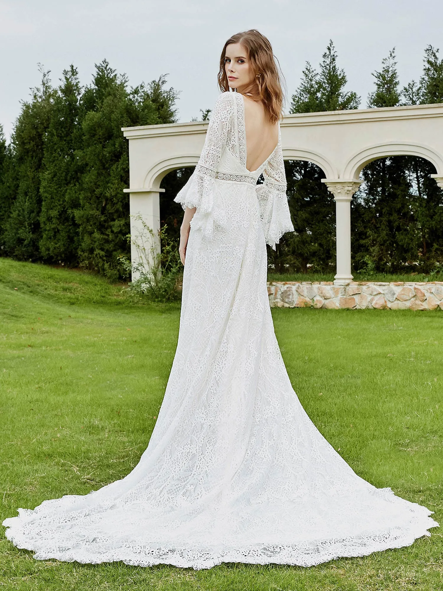 3/4-Length Beaded A-Line Lace Wedding Dress Ivory