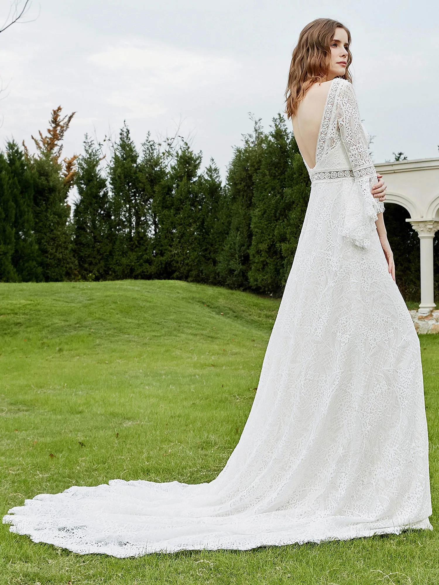 3/4-Length Beaded A-Line Lace Wedding Dress Ivory