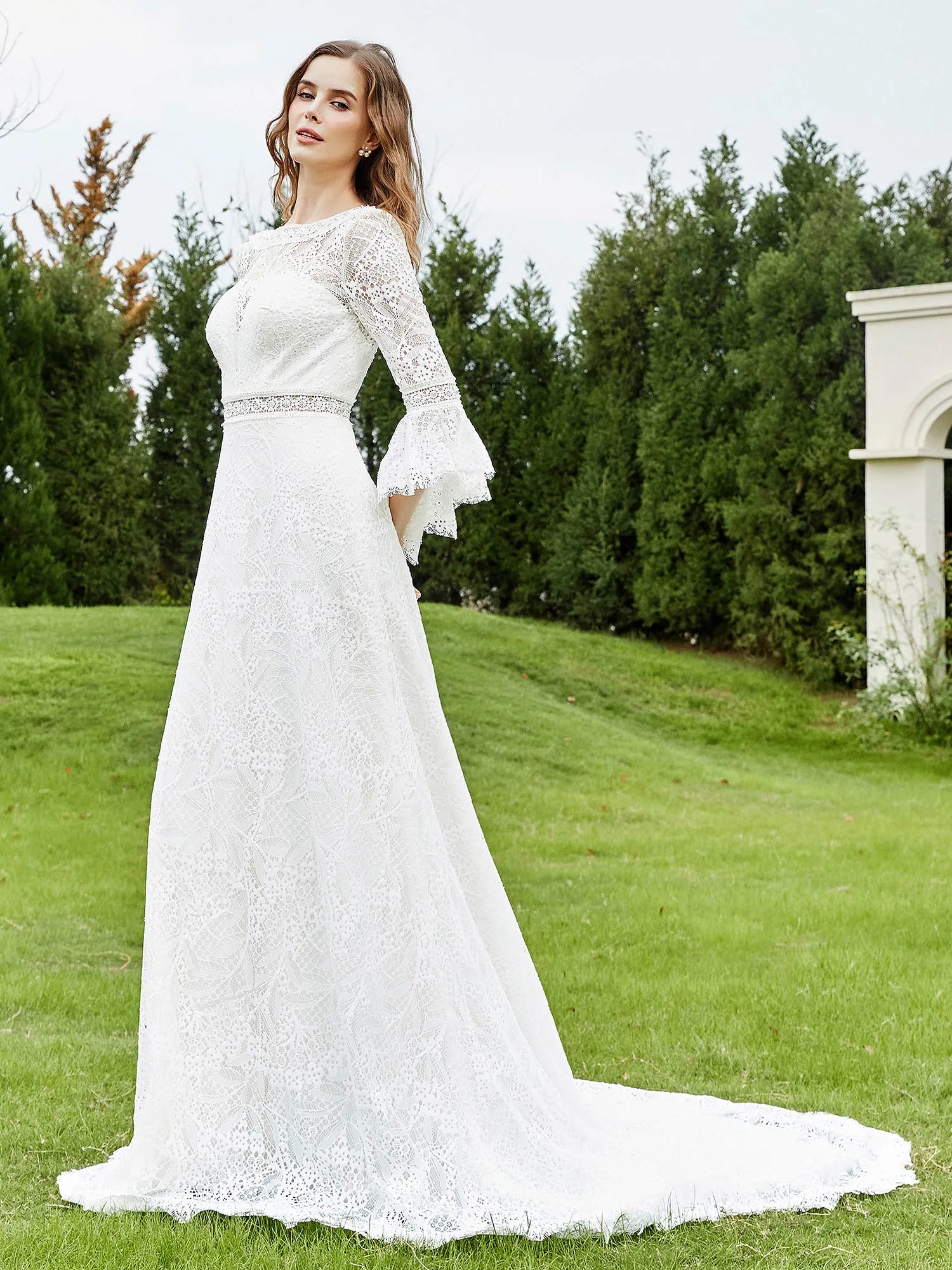 3/4-Length Beaded A-Line Lace Wedding Dress Ivory