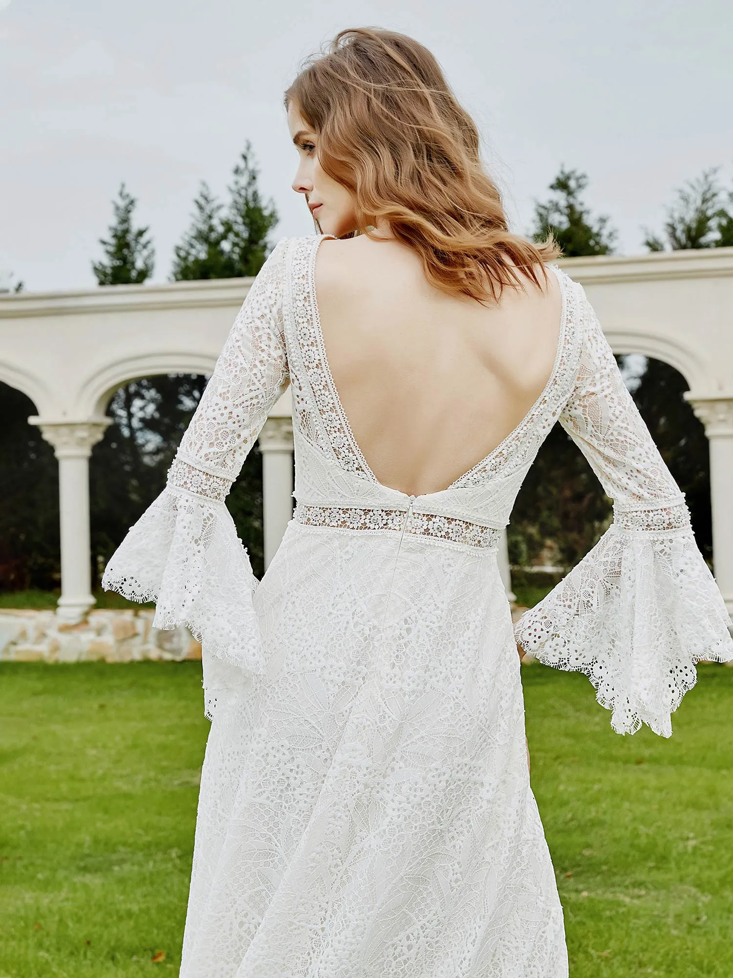 3/4-Length Beaded A-Line Lace Wedding Dress Ivory