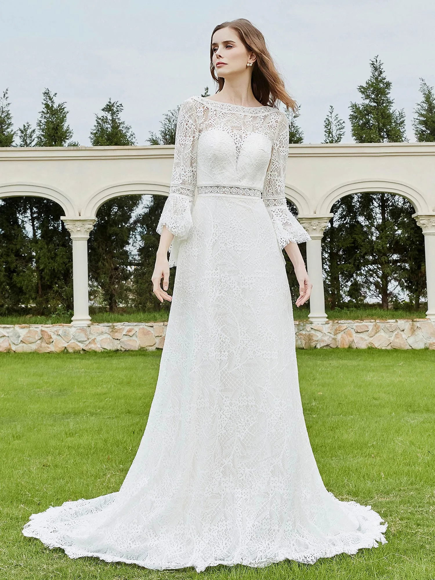 3/4-Length Beaded A-Line Lace Wedding Dress Ivory