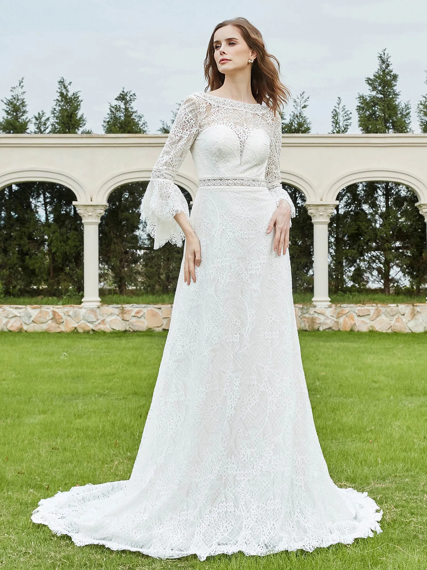 3/4-Length Beaded A-Line Lace Wedding Dress Ivory