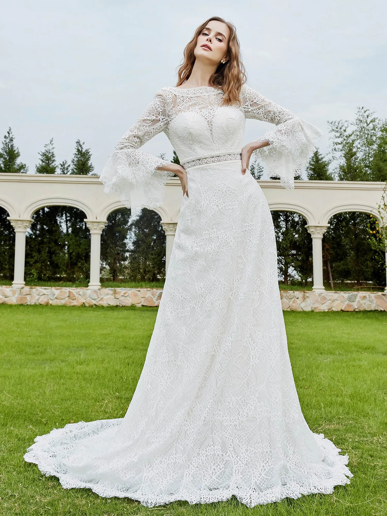 3/4-Length Beaded A-Line Lace Wedding Dress Ivory