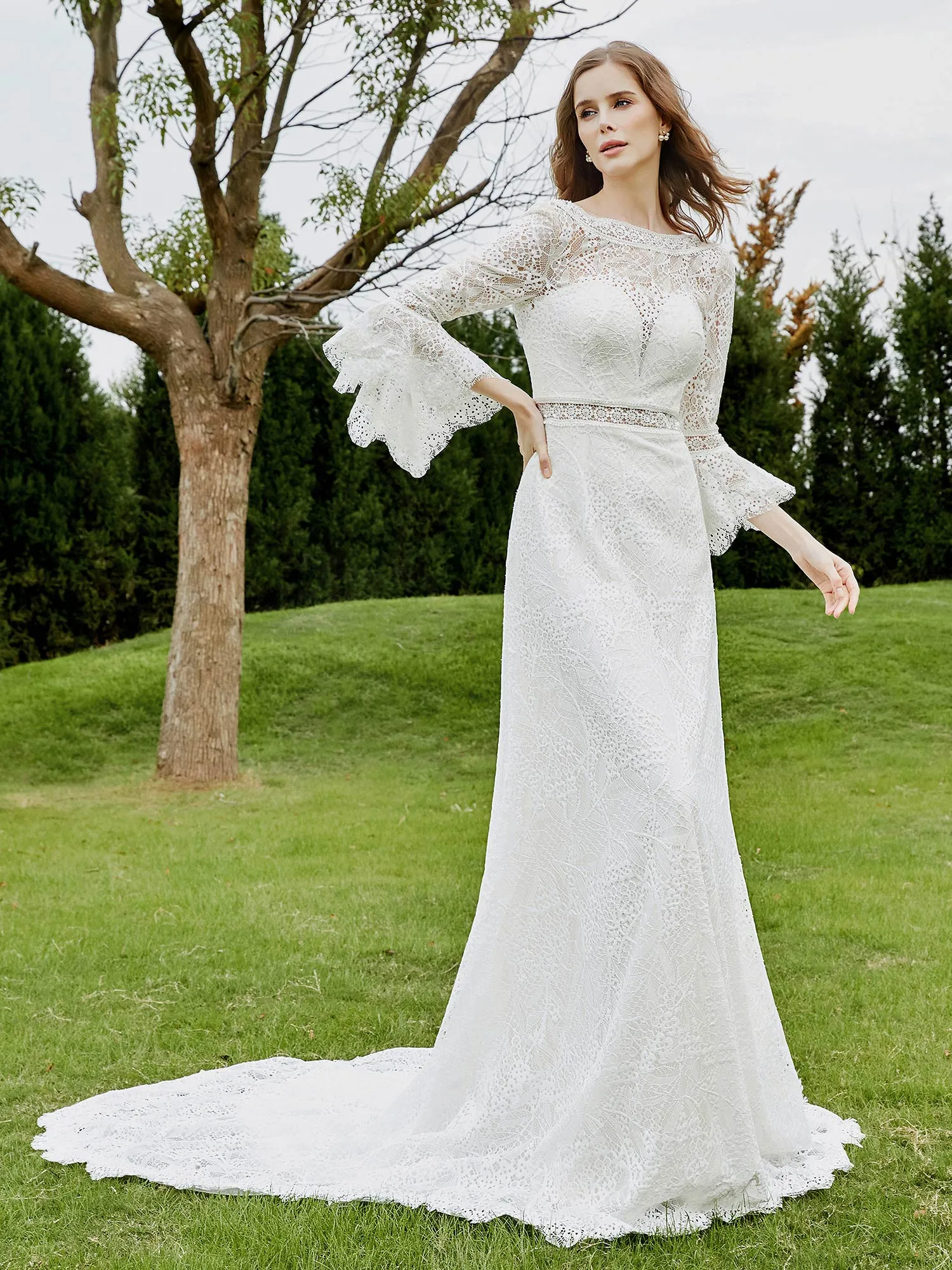 3/4-Length Beaded A-Line Lace Wedding Dress Ivory