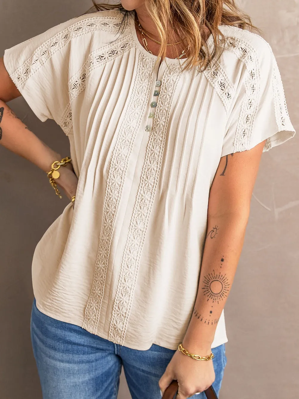 Apricot Crochet Eyelet Short Sleeve Top with Lace Detail