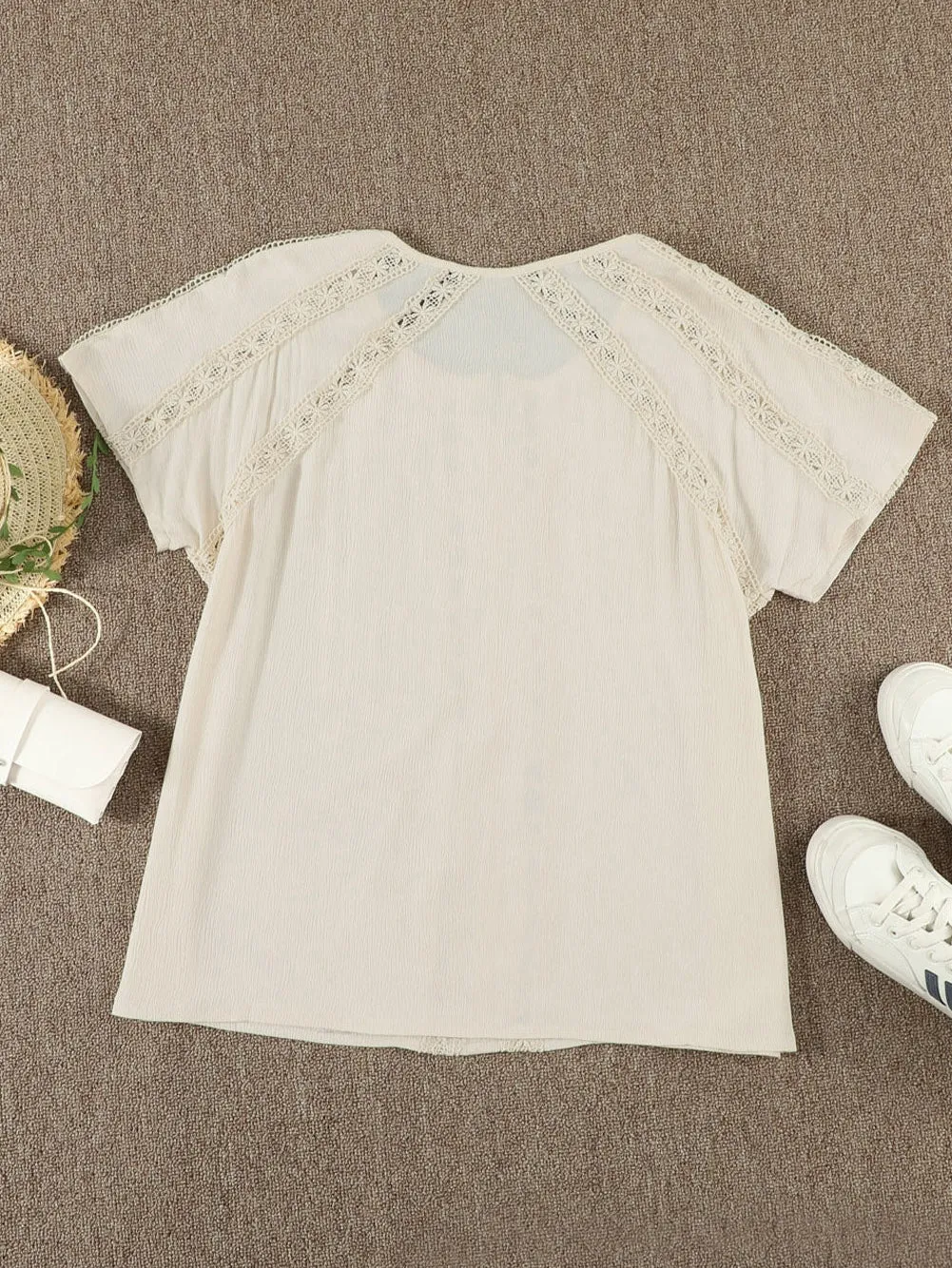 Apricot Crochet Eyelet Short Sleeve Top with Lace Detail