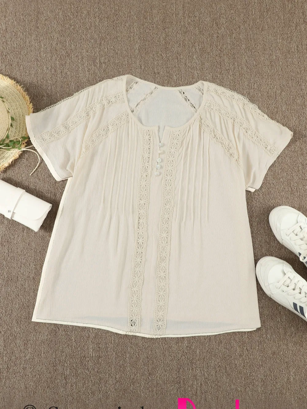 Apricot Crochet Eyelet Short Sleeve Top with Lace Detail