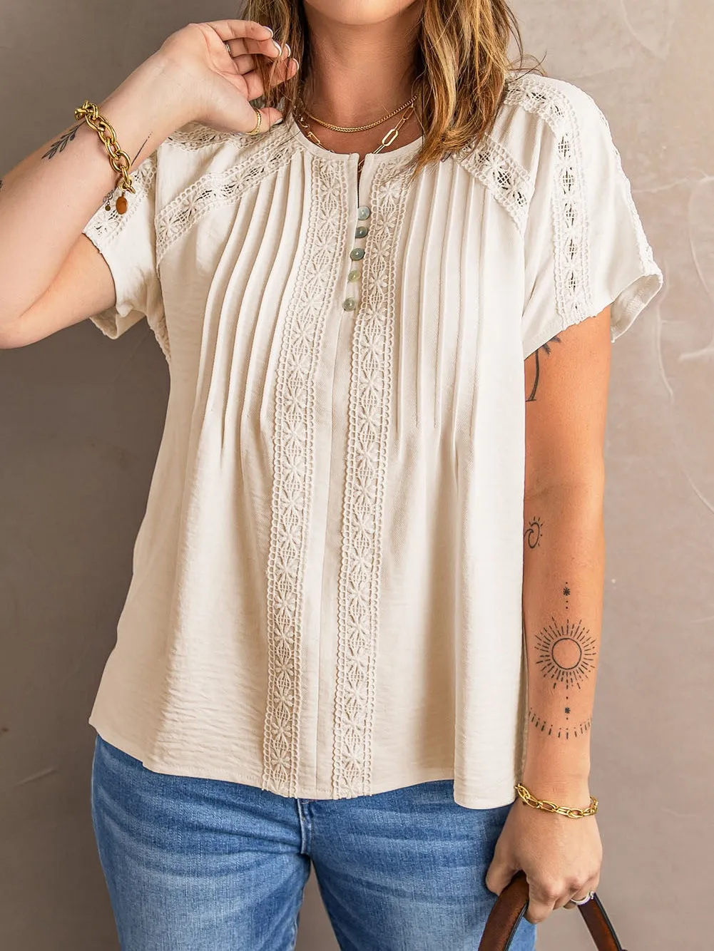 Apricot Crochet Eyelet Short Sleeve Top with Lace Detail