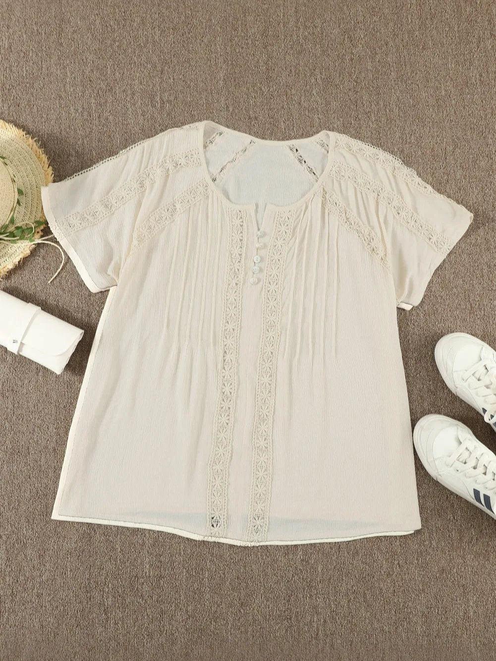 Apricot Crochet Eyelet Short Sleeve Top with Lace Detail