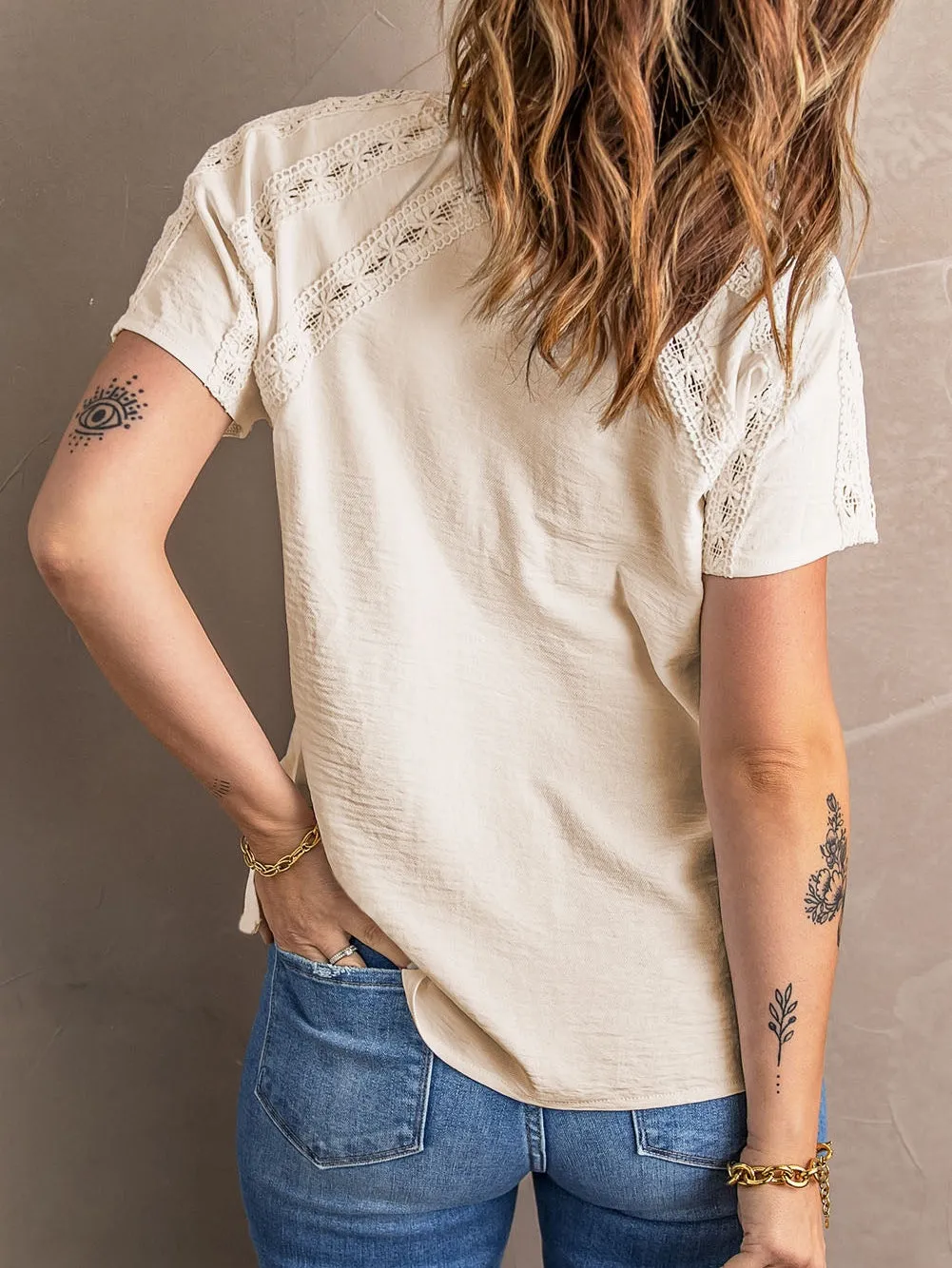 Apricot Crochet Eyelet Short Sleeve Top with Lace Detail