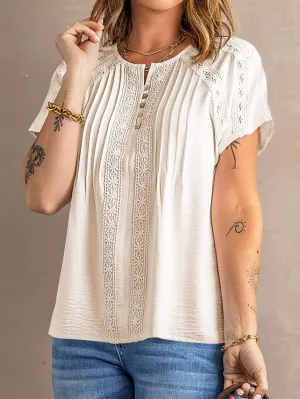 Apricot Crochet Eyelet Short Sleeve Top with Lace Detail