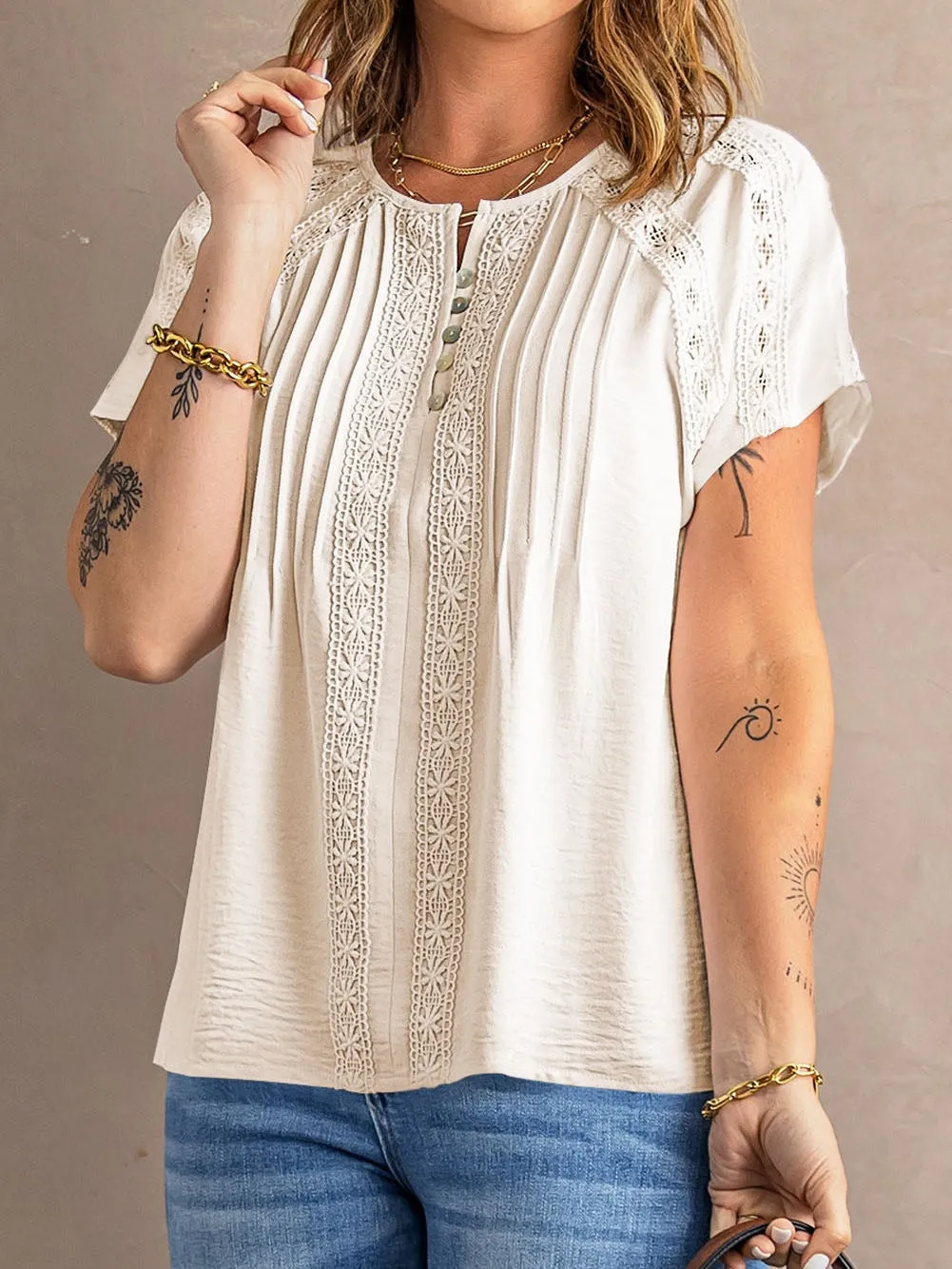 Apricot Crochet Eyelet Short Sleeve Top with Lace Detail
