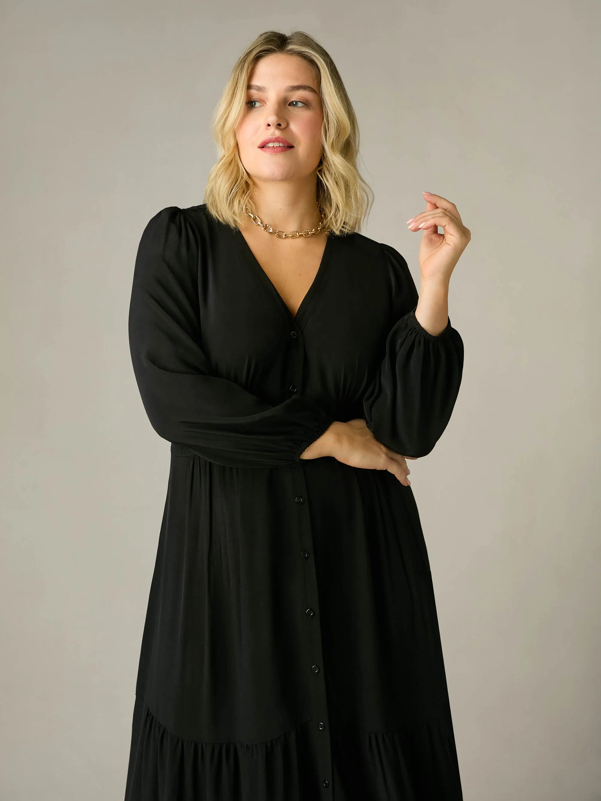 Black Button Front Midaxi Dress