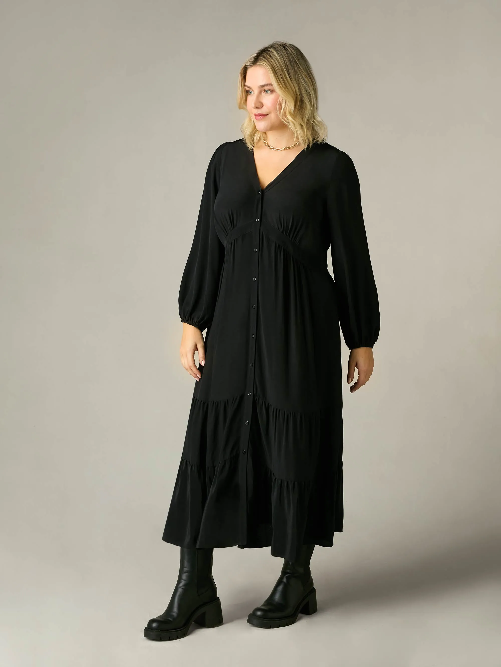 Black Button Front Midaxi Dress