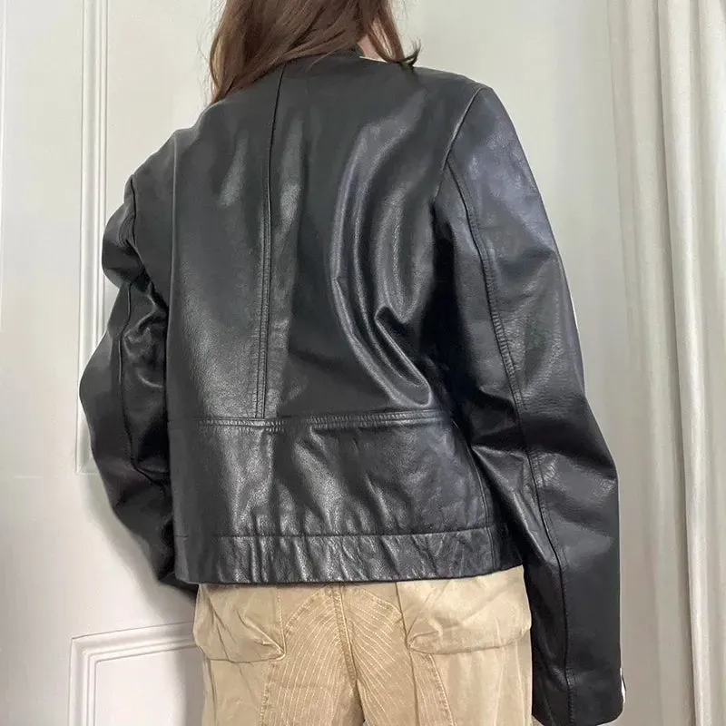 Black Leather Stand Collar Jacket Coat