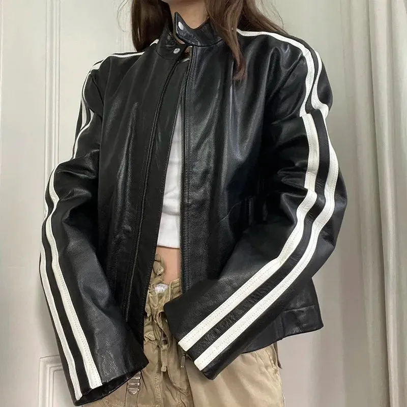 Black Leather Stand Collar Jacket Coat