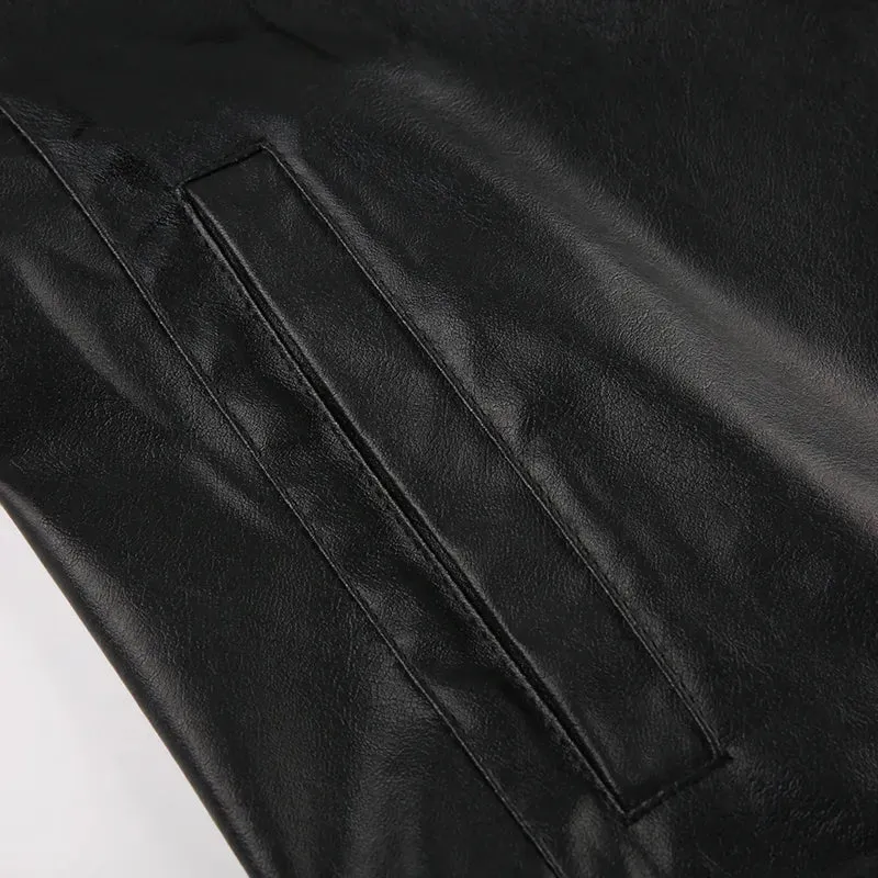Black Leather Stand Collar Jacket Coat