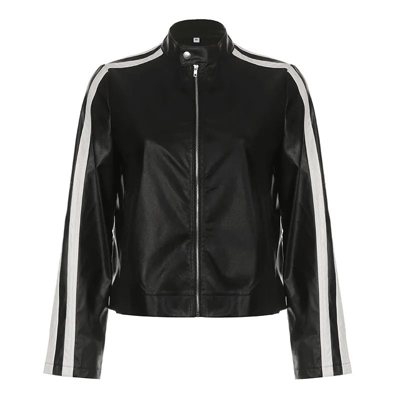 Black Leather Stand Collar Jacket Coat