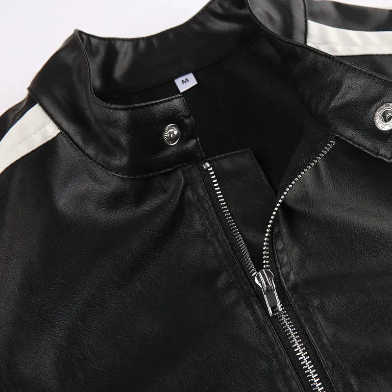 Black Leather Stand Collar Jacket Coat