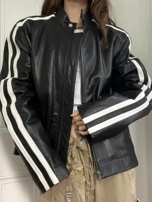 Black Leather Stand Collar Jacket Coat