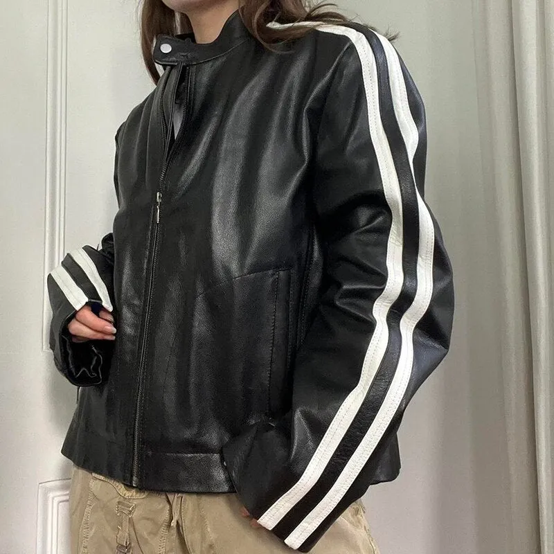 Black Leather Stand Collar Jacket Coat