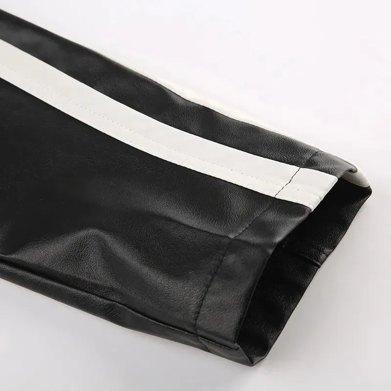 Black Leather Stand Collar Jacket Coat