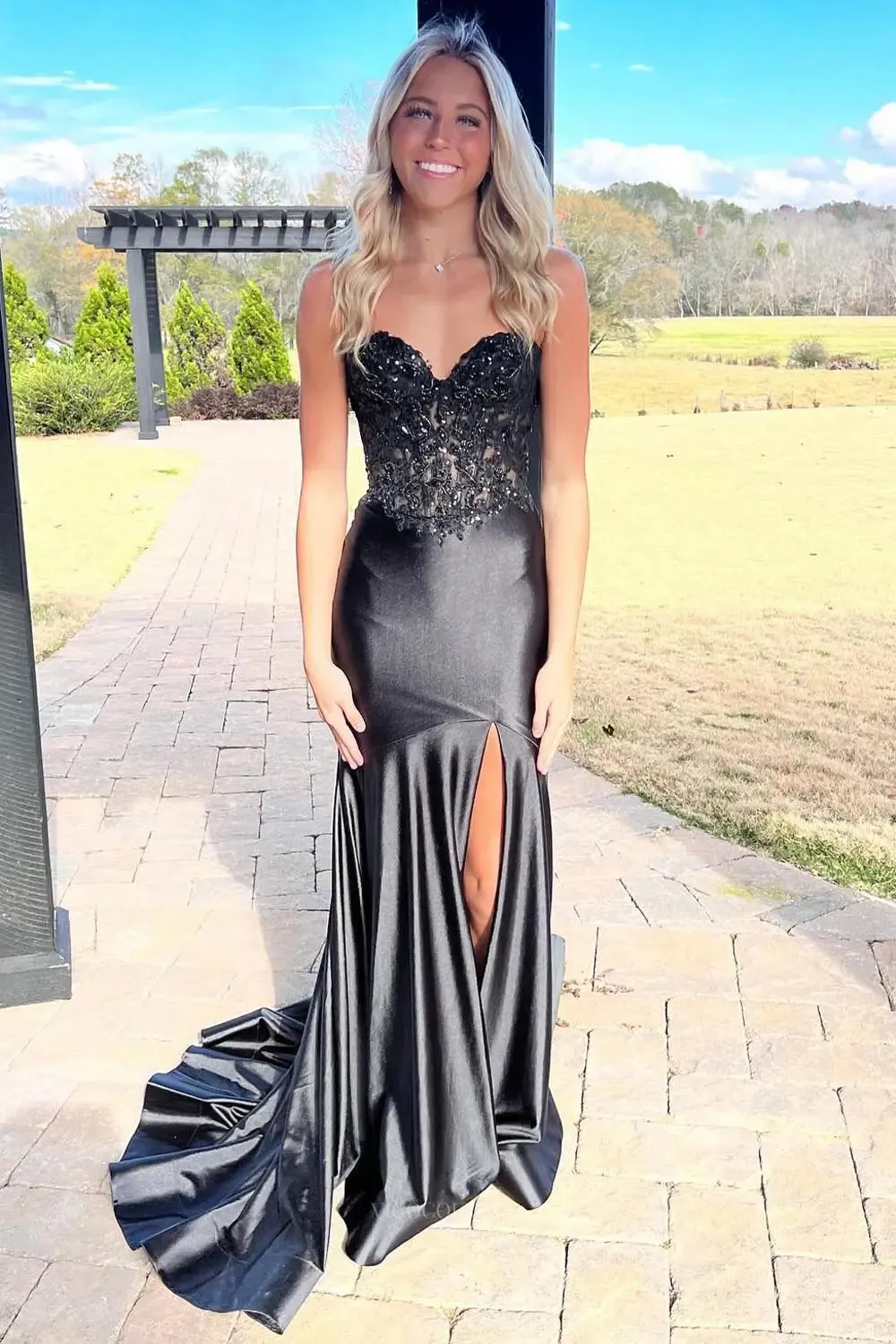 Black Satin Lace Mermaid Prom Dresses with Slit Strapless Sweetheart Neck Formal Dresses – 25159