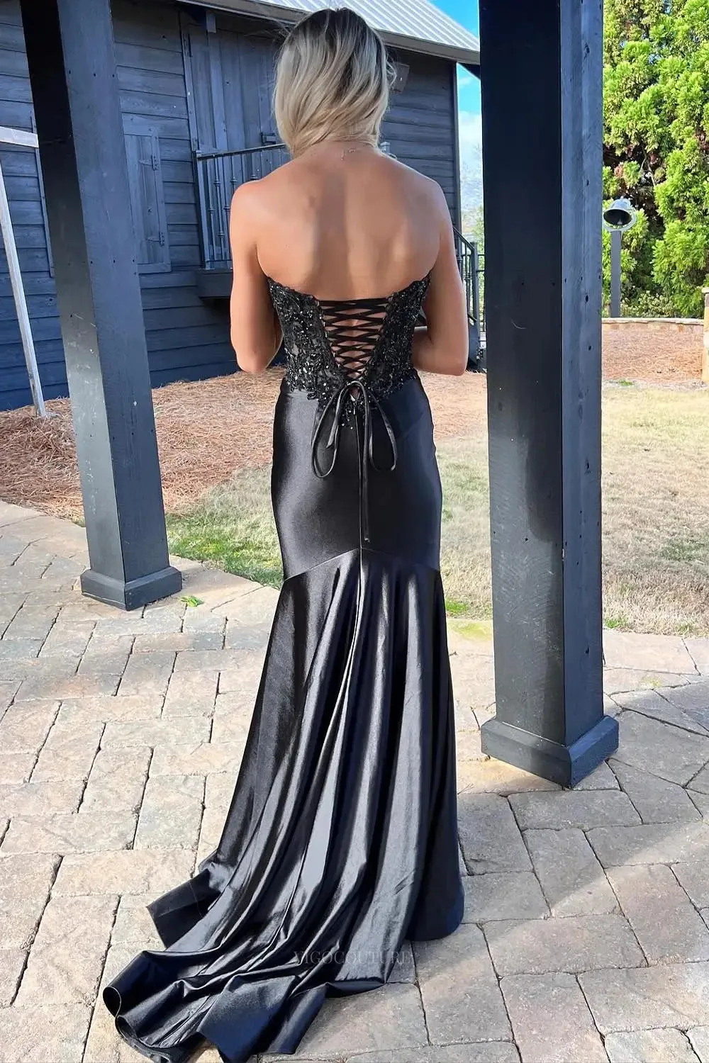 Black Satin Lace Mermaid Prom Dresses with Slit Strapless Sweetheart Neck Formal Dresses – 25159