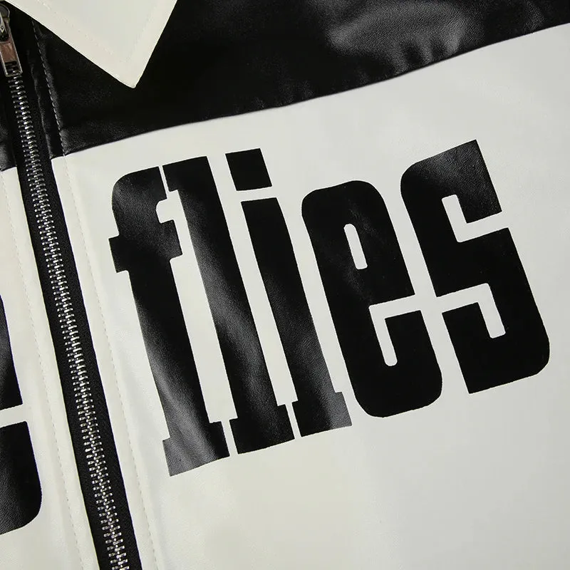 Black White Letter Printed Zip-Up PU Leather Jacket