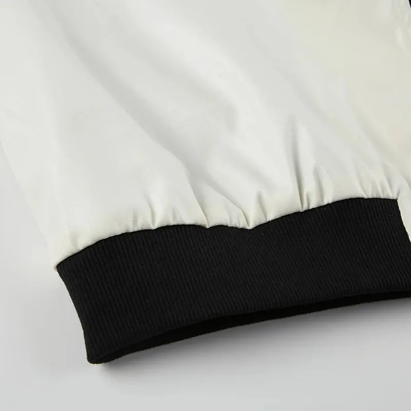 Black White Letter Printed Zip-Up PU Leather Jacket
