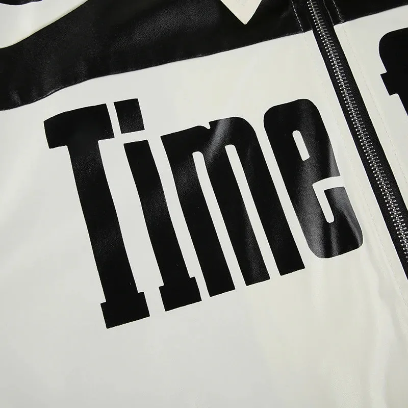 Black White Letter Printed Zip-Up PU Leather Jacket