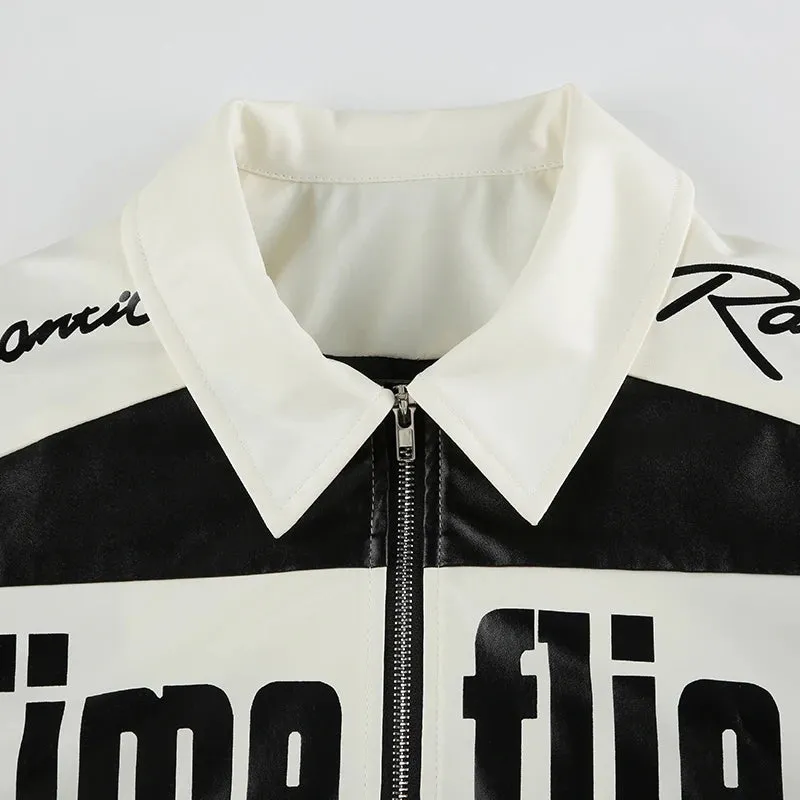 Black White Letter Printed Zip-Up PU Leather Jacket
