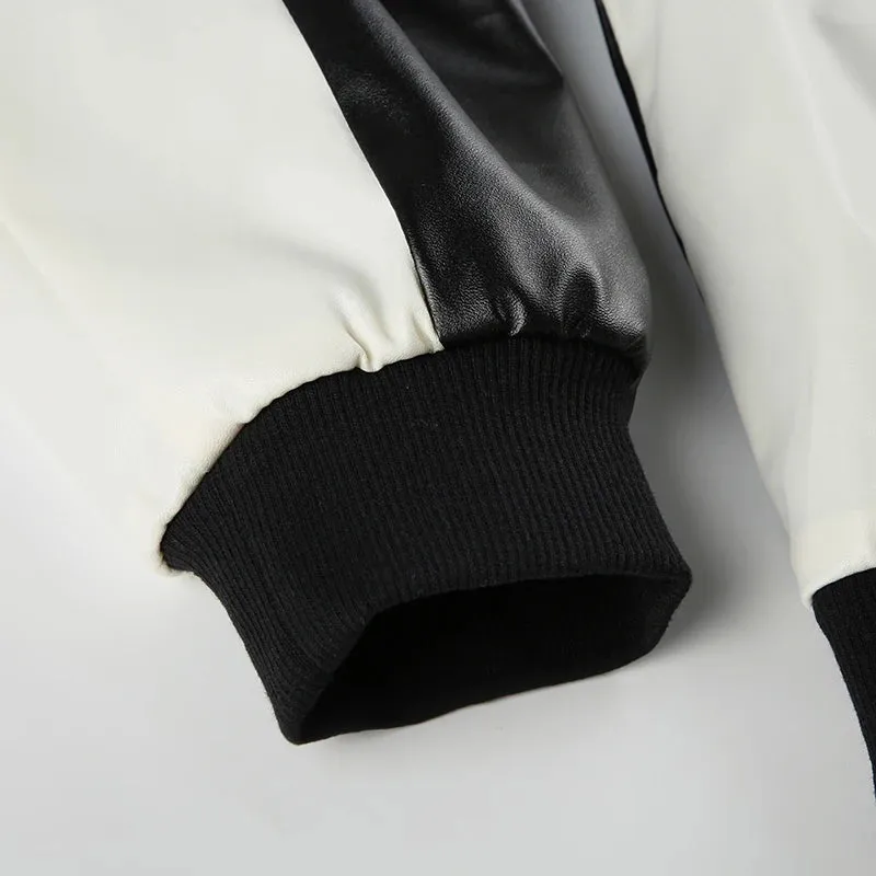Black White Letter Printed Zip-Up PU Leather Jacket
