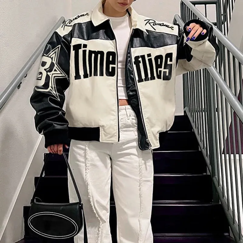 Black White Letter Printed Zip-Up PU Leather Jacket