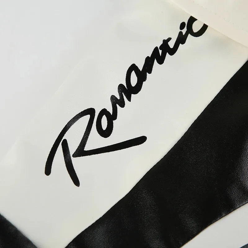 Black White Letter Printed Zip-Up PU Leather Jacket