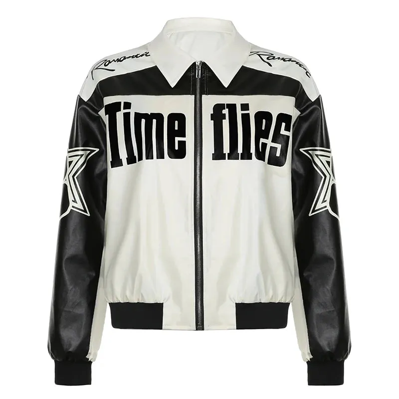 Black White Letter Printed Zip-Up PU Leather Jacket