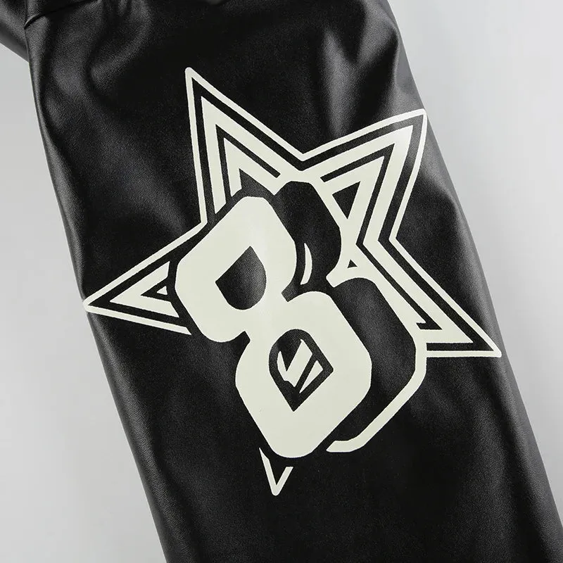 Black White Letter Printed Zip-Up PU Leather Jacket