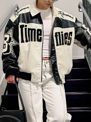 Black White Letter Printed Zip-Up PU Leather Jacket