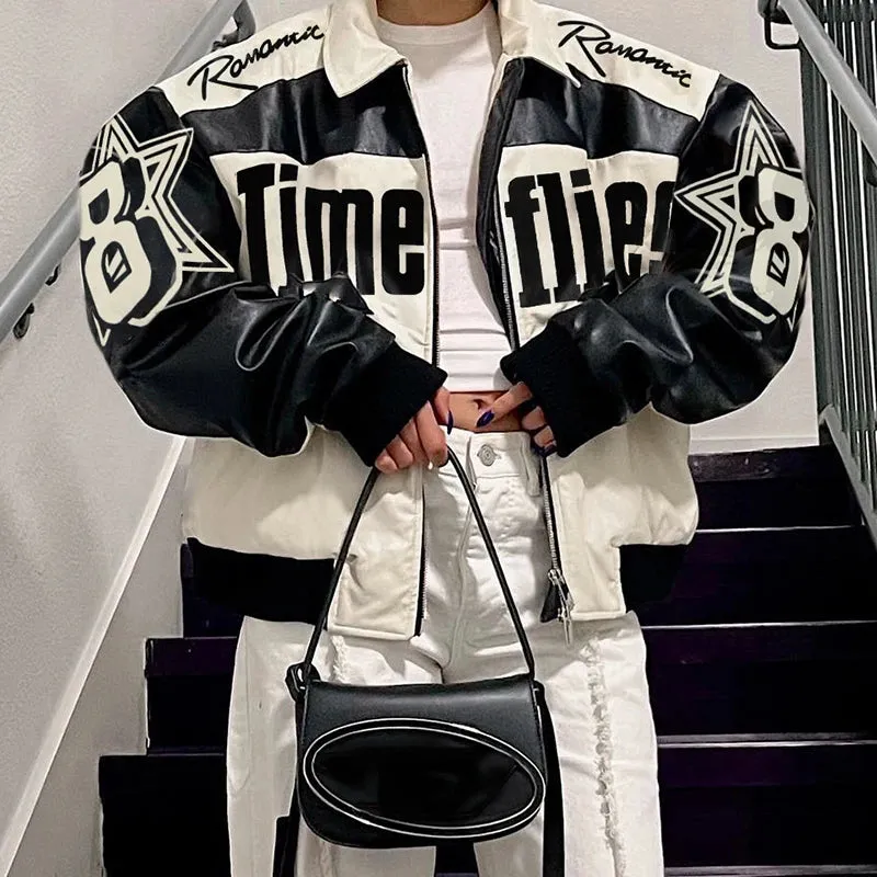 Black White Letter Printed Zip-Up PU Leather Jacket