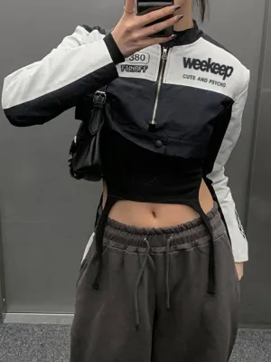 Black White Printed Zip Up Jackets Coat