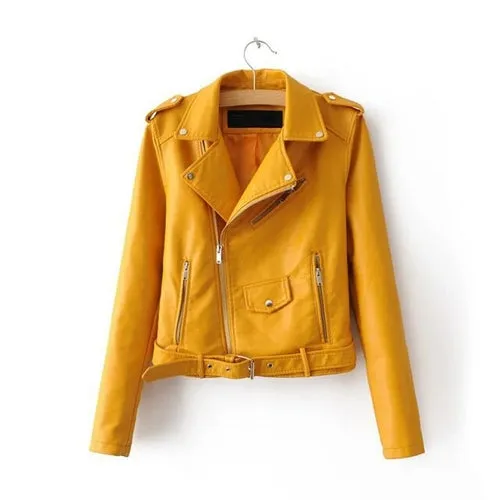 Casual PU Coat Lapel Collar Long Sleeve High Waist