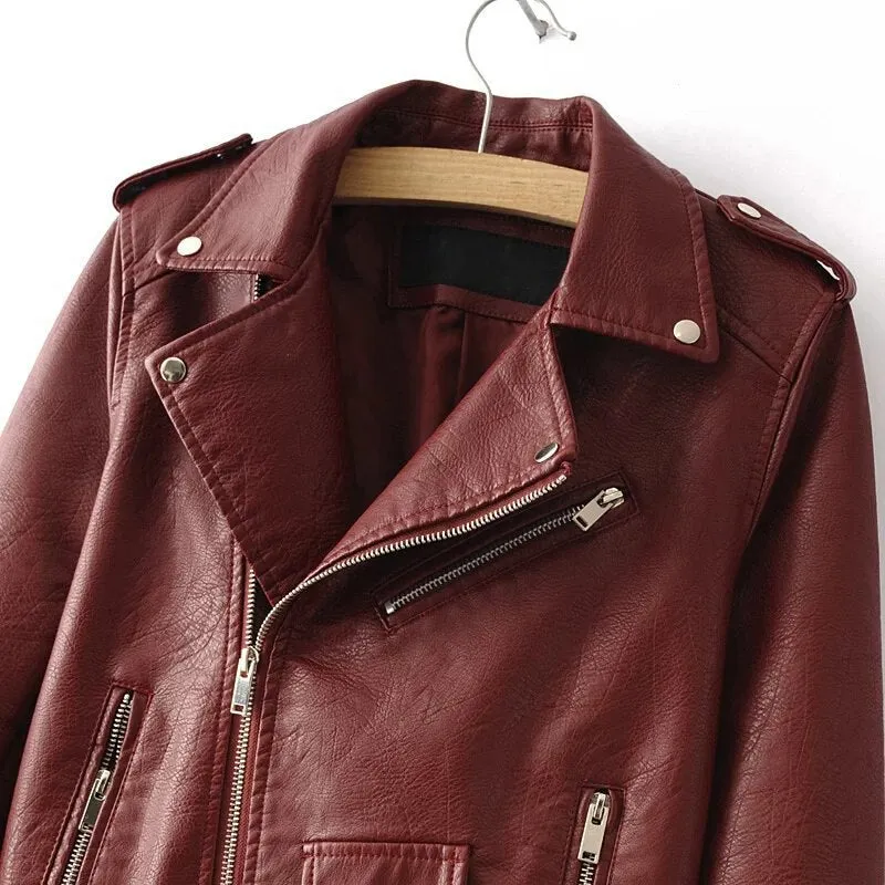 Casual PU Coat Lapel Collar Long Sleeve High Waist