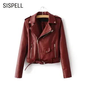 Casual PU Coat Lapel Collar Long Sleeve High Waist
