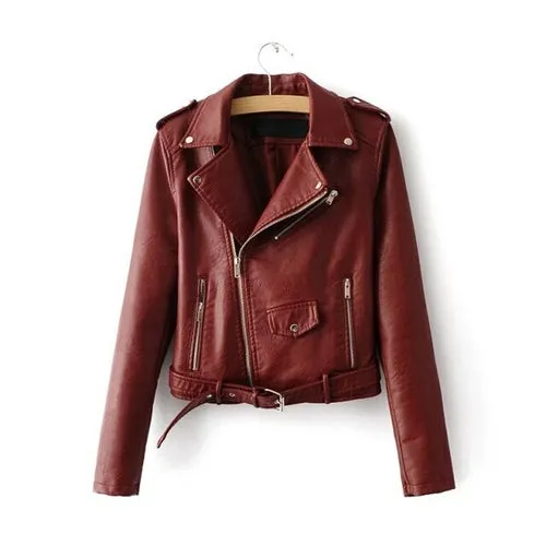 Casual PU Coat Lapel Collar Long Sleeve High Waist
