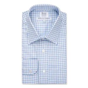 Classic Fit Block Check Cotton and Cashmere Button Cuff Shirt in Sky Blue