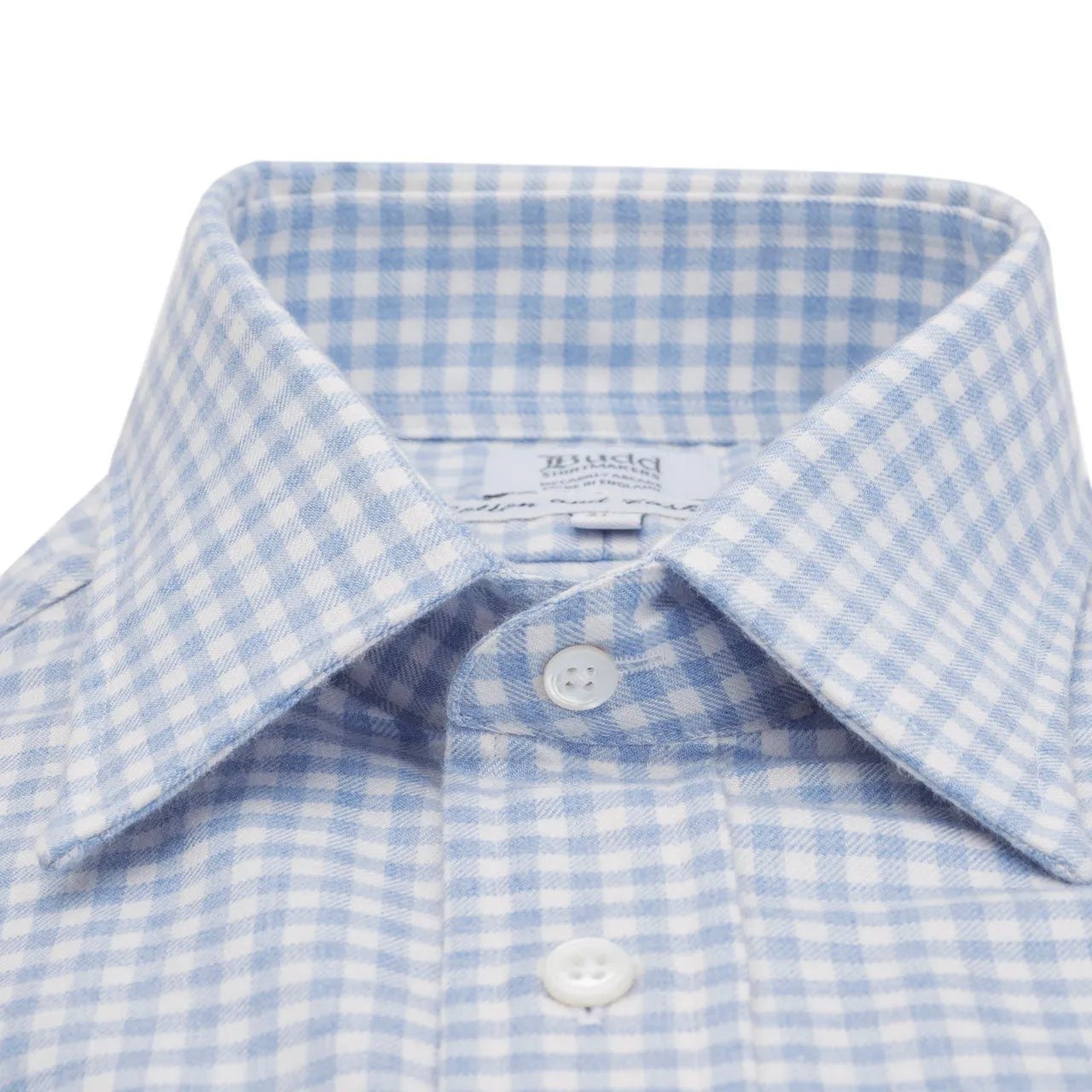 Classic Fit Block Check Cotton and Cashmere Button Cuff Shirt in Sky Blue