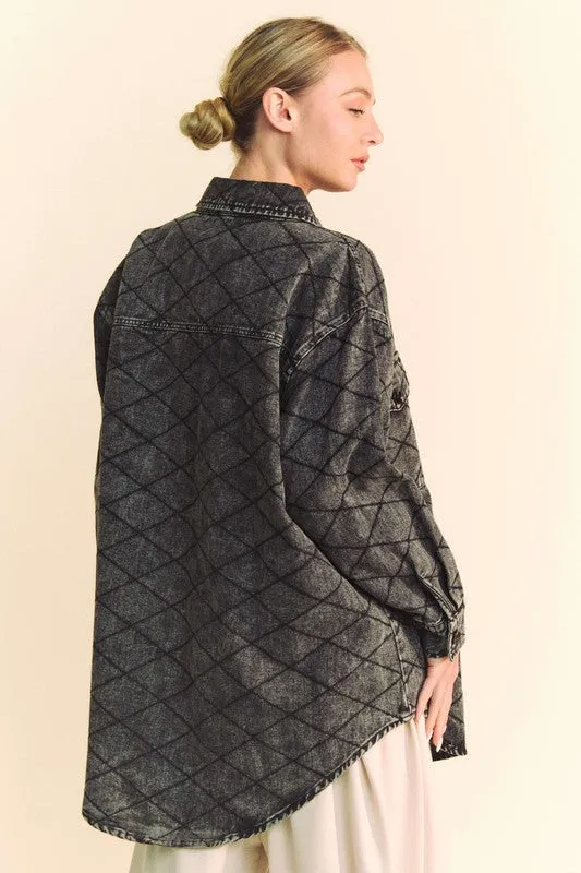 Davi & Dani Black Curved Hem Diamond Quilted Button Up Denim Shacket