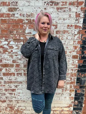 Davi & Dani Black Curved Hem Diamond Quilted Button Up Denim Shacket