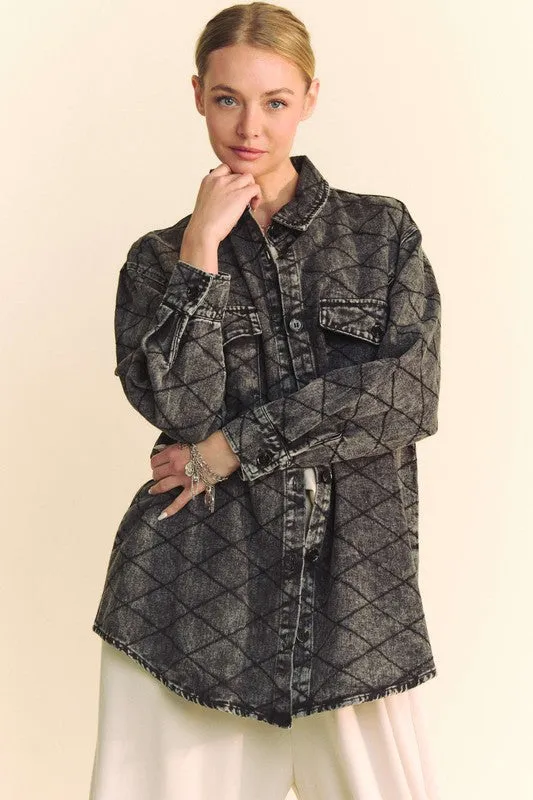 Davi & Dani Black Curved Hem Diamond Quilted Button Up Denim Shacket